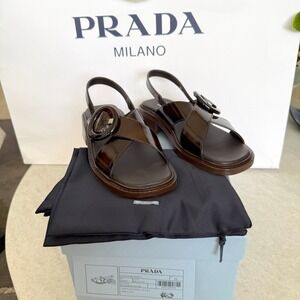 Prada 1X962N Women's Brown Leather slingback sandals shoes, size 37.5 (US 7.5)